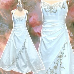 Beaded wedding gown formal dress prom halter wrap waist floral bead bodice train
